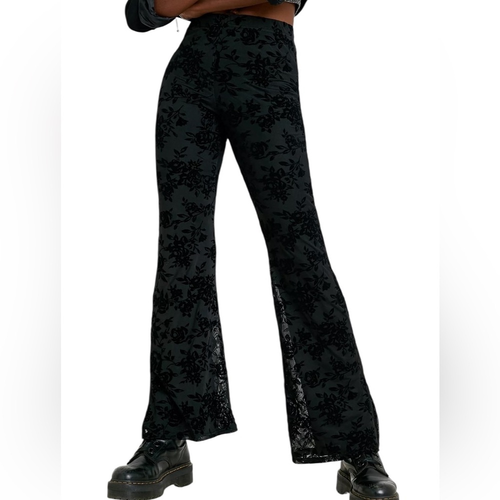 Black Mesh Floral Velvet Fully Lined High Waist Flare Stretch Pants Womens Small